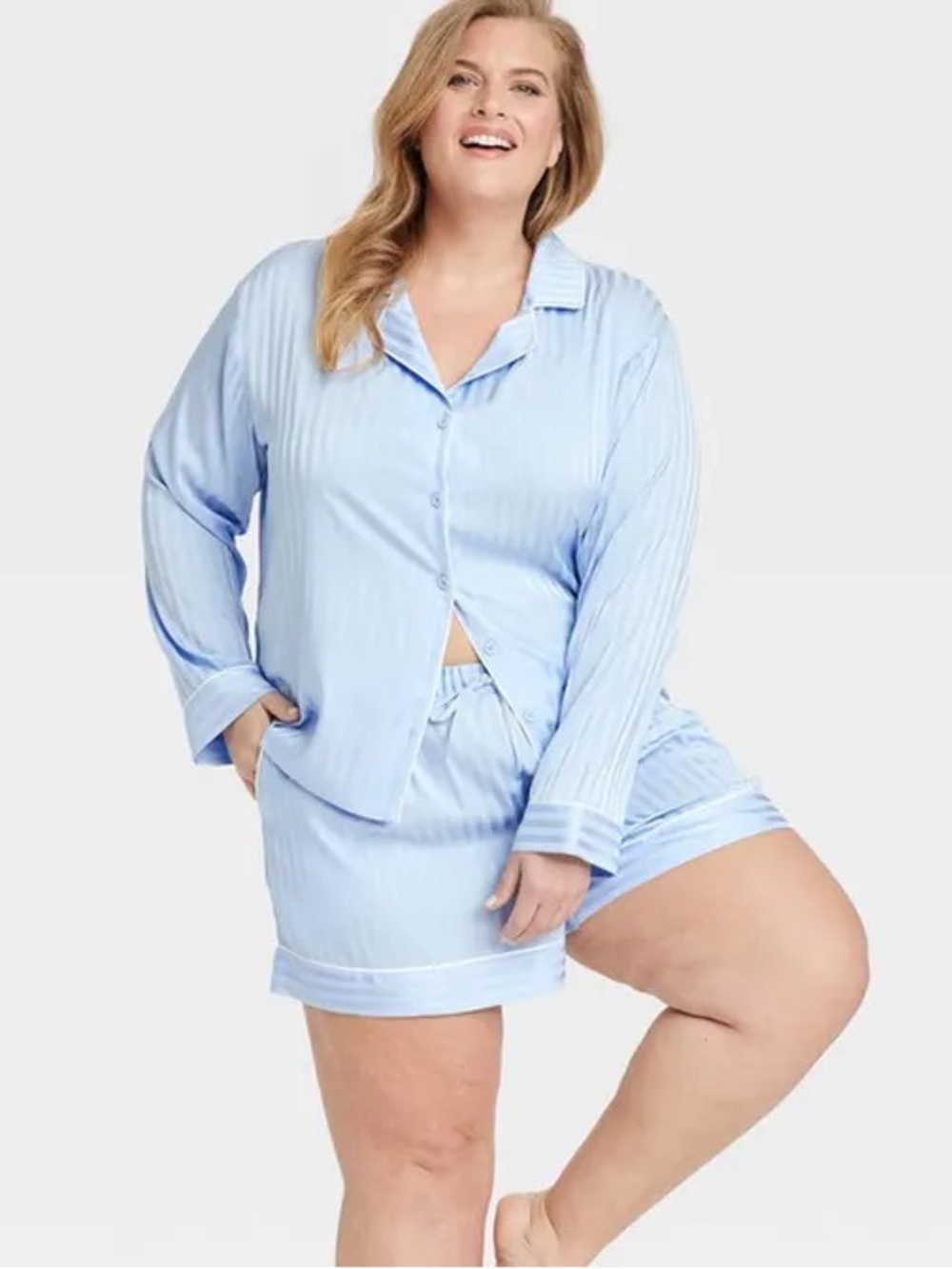 NWT Auden Light Blue Satin Button-Front Pajama Top & Shorts 1X - Picture 5 of 16